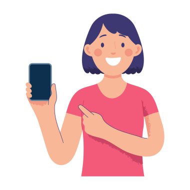 genç kadın gülümsedi ve parmağını diğer elini tutan diğer el teli işaret etti, genç kadın boş telefonu tuttu ve gülümsedi