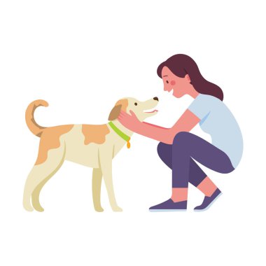 köpeği ile oynayan bir kadın, sıcaklık ve sevgi ile sevgili köpeğinin başını okşayarak genç bir kadın, insanlar ve evcil hayvanlar arasındaki ilişki kavramı