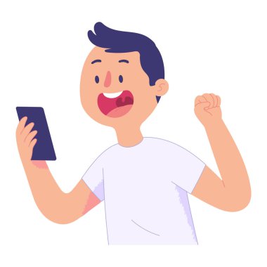 Genç adam cep telefonu ekranına bak. Şaşırmış ve mutlu bir yüzle.