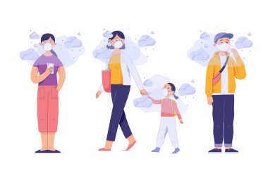 Duman kirliliği yüzünden yüzlerine maske takan bir grup insan.