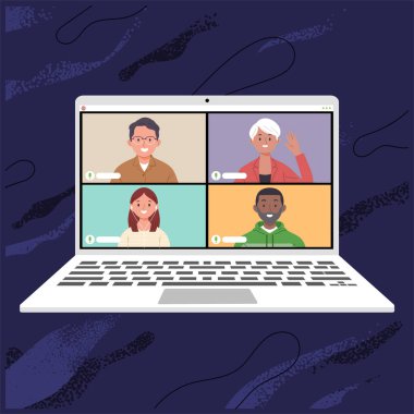 Uygulamalı bir video konferansı yapan bir grup insanın resimleriyle birlikte bir dizüstü bilgisayarın veya dizüstü bilgisayarın vektör çizimi, erkek ve kadın video çağrıları