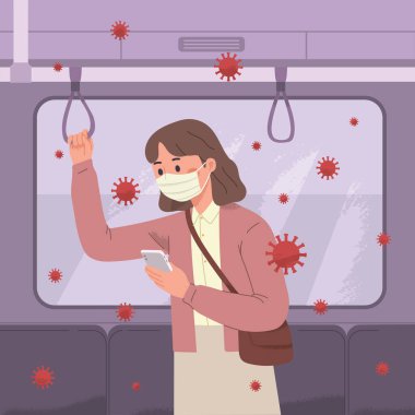 vector illustration of a woman wearing public train transportation and wearing a mask to avoid herself from plague, germs, viruses and pollution. Disease-prone public transportation air condition clipart
