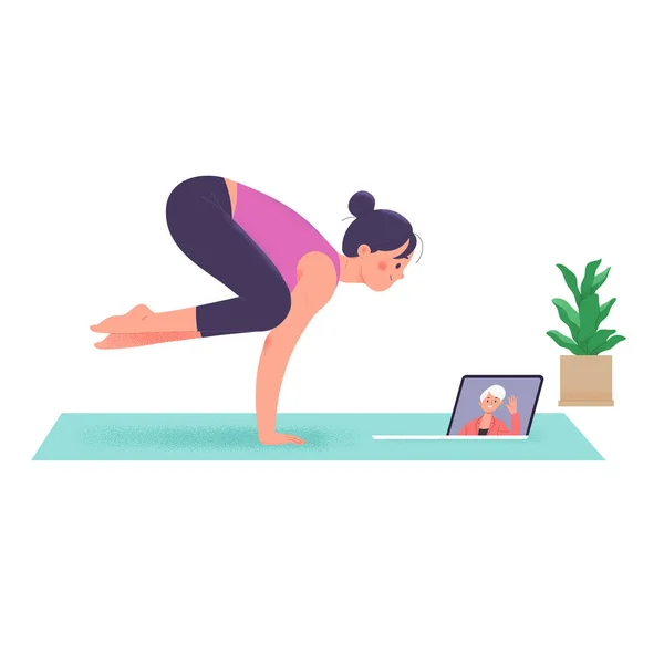 Kadınlar Evde Kalıp Video Konferansı Yaparken Yoga Yapıyorlar — Stok Vektör