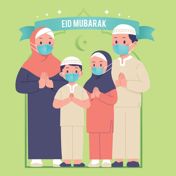 Powitanie Rodziny Eid Mubarak Przy Użyciu Maski Twarzy Podczas Epidemii — Wektor stockowy