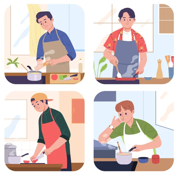 Homens Cozinhar Ingrediente Alimentar Cozinha Doméstica —  Vetores de Stock