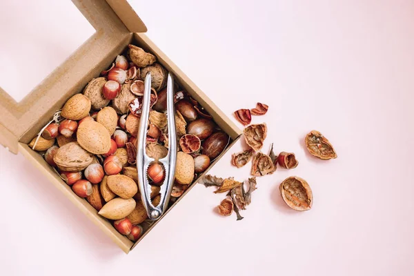 box of nuts and Nutcracker on background
