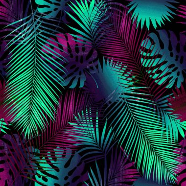 Tropikal yaprak sorunsuz Illustration. Kolaj tekniğinde yapılmış. Neon çiçek tropikal yaprak siyah bir zemin üzerine.