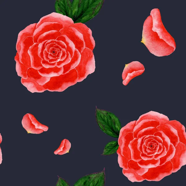 Ilustração Perfeita Rosas Vermelhas Aquarela Folhas Rosas Fundo Escuro — Fotografia de Stock