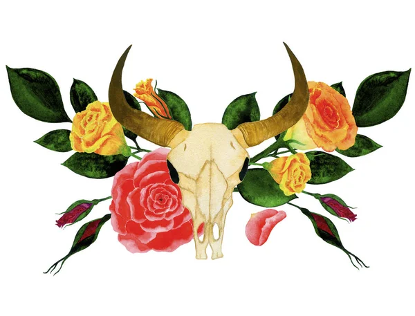 Akvarelu Rám Květů Listů Růží Kvítek Lebka Býka — Stock fotografie