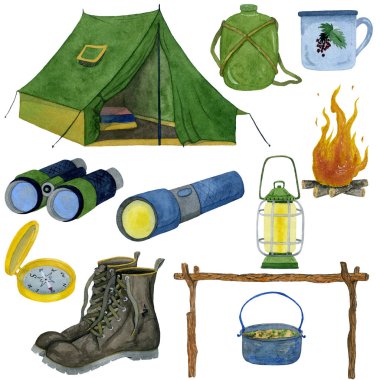 Suluboya resimler seyahat malzemeleri seti.