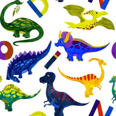 Seamless watercolor illustration of dinosaurs