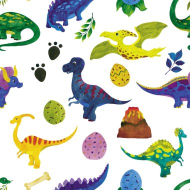 Seamless watercolor illustration of dinosaurs