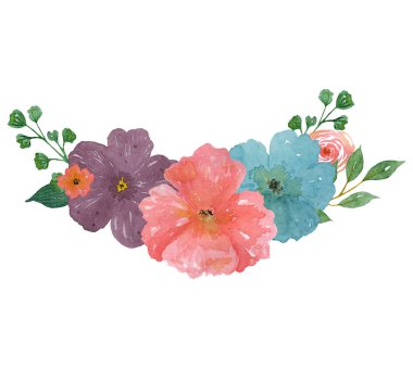 Suluboya buketi. Bahar çiçekleri ve yeşillikler.