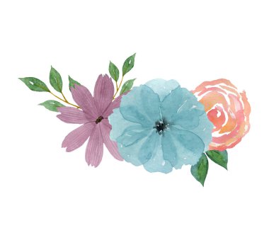 Suluboya buketi. Bahar çiçekleri ve yeşillikler.