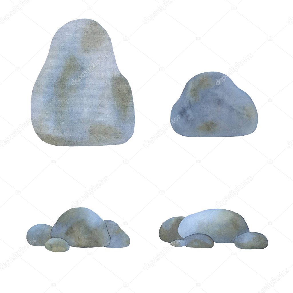 Watercolor sea pebbles. Set of gray stones. 