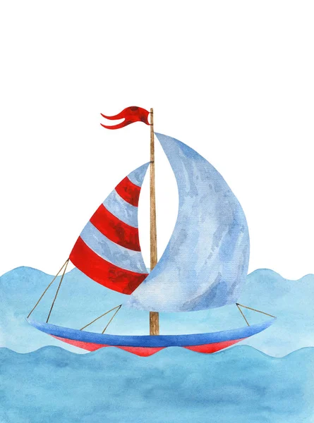 Carte aquarelle avec dessin à la main d'un navire, yacht, navire . — Photo