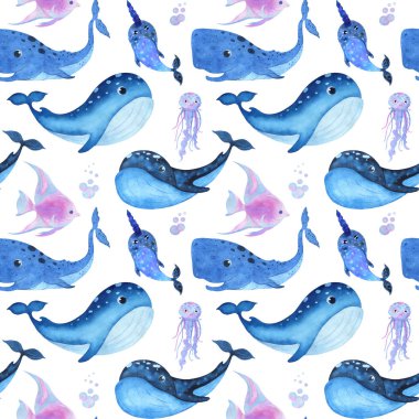 Suluboya dikişsiz desen sualtı yaşamı. 