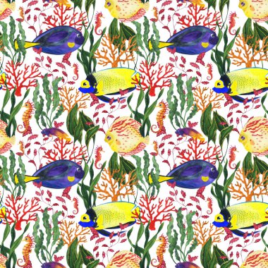 Beyaz arka plan üzerinde mercan resifi ile suluboya dikişsiz desen.