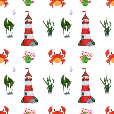 Deniz feneri yengeç ve yosun ile suluboya dikişsiz desen.