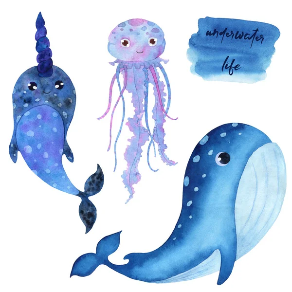 Conjunto de ilustrações aquarela vida subaquática . — Fotografia de Stock