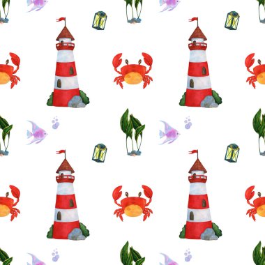 Deniz feneri yengeç ve yosun ile suluboya dikişsiz desen. 