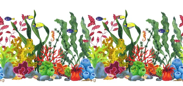 Akvarell sömlös gräns undervattensvärld av koraller och fiskar. — Stockfoto
