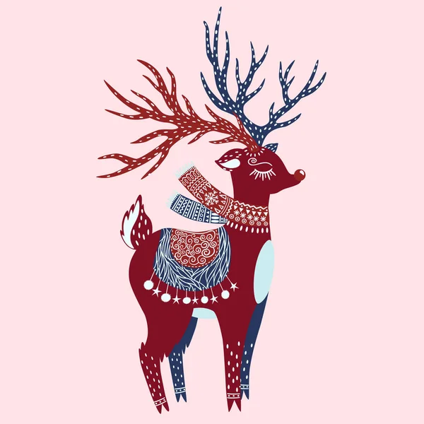 Wektorowa Grafika Świątecznego Renifera Dzikie Zwierzę Odcieniach Czerwonego Niebieskiego Białymi — Wektor stockowy
