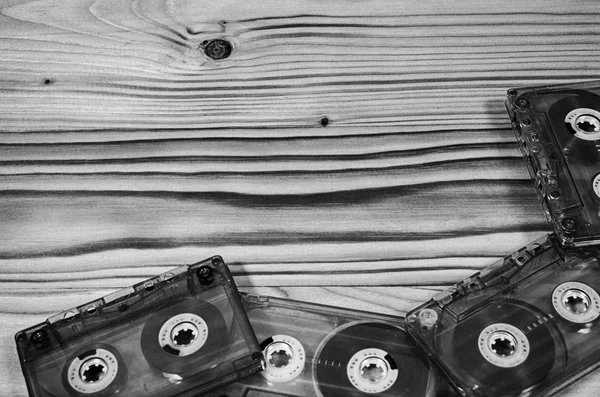 Cassette Audio Sobre Una Mesa Madera Blanco Negro — Foto de Stock