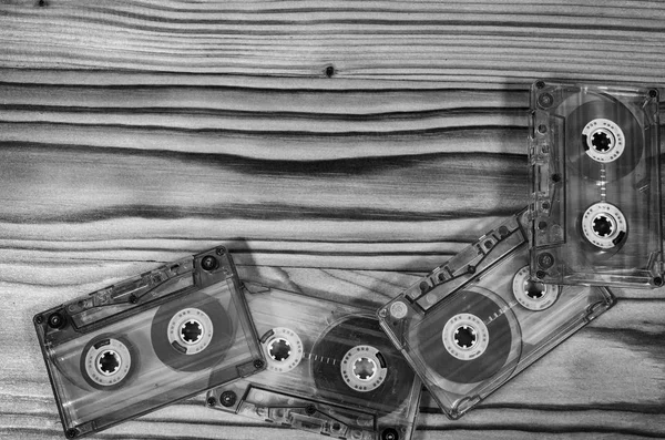 Cassette Audio Sobre Una Mesa Madera Blanco Negro — Foto de Stock