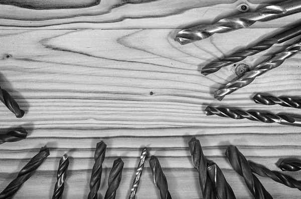 Fúrók Egy Fából Készült Asztal Fekete Fehér — Stock Fotó