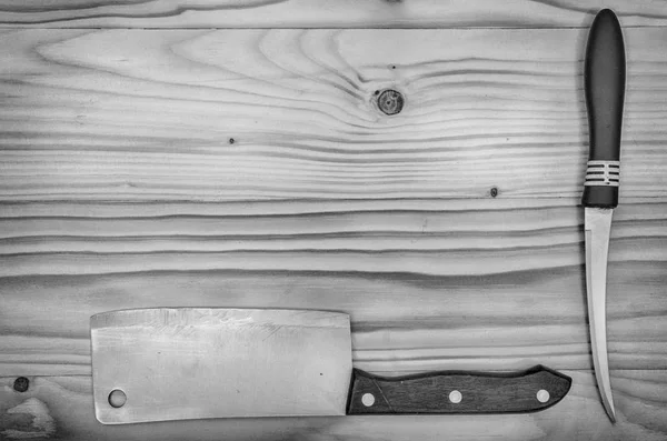 Vieux Couteaux Cuisine Sur Une Table Bois Noir Blanc — Photo
