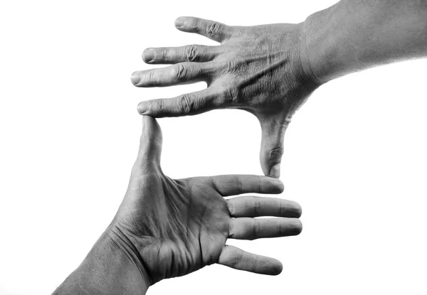 Mãos Humanas São Emolduradas Fundo Branco Preto Branco — Fotografia de Stock