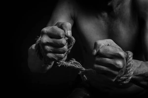 Man Breaks Rope Bound His Hands — Stock Photo, Image