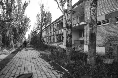 Ukrayna savaşta. Yerleşim Shyrokyne, Donetsk region. Eylül 2018. 2014-2018 yılında Rus işgalciler askeri eylemleri sonucu tahrip binalar.