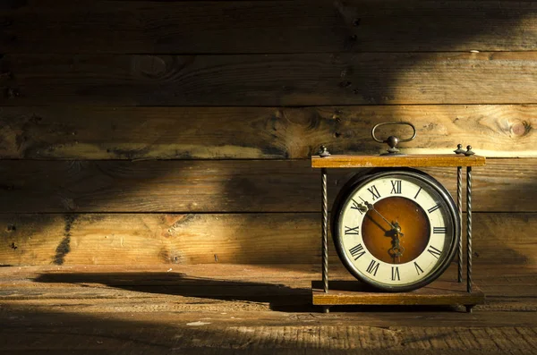 Vintage Clock Wooden Table Morning Sun — Stock Photo, Image