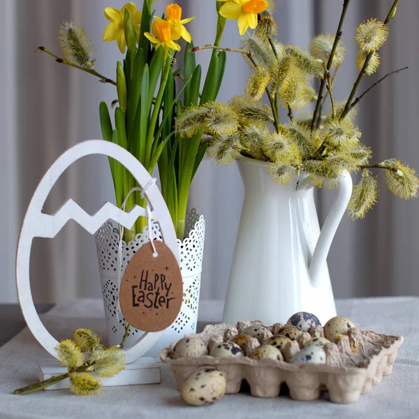 Naturalny styl Wielkanoc jeszcze życie z gałęzi olchy, cebulki żonkil i Jaja przepiórcze — Zdjęcie stockowe