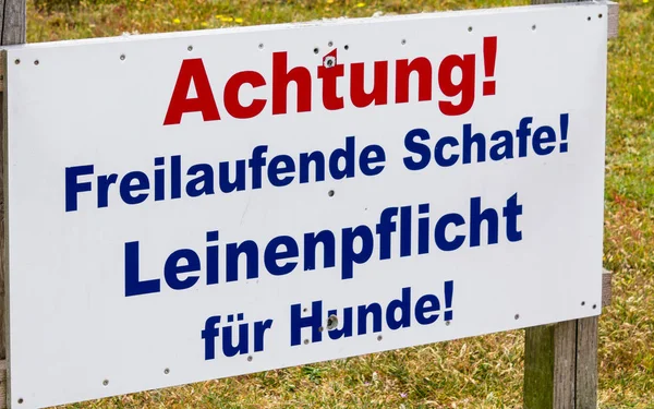 警告标志 "Freilaufende Scaufe。Leinpflicht für Hunde "在德国警告岛上的狗和羊危险会议。位于德国石勒苏益格-荷尔斯泰因, 《索夫河上》. — 图库照片