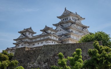 Yan görünüm Himeji Kalesi üzerinde çok yeşil çevresinde ile açık, güneşli bir gün. Himeji, Hyogo, Japonya, Asya.