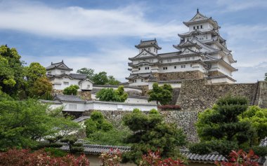 Yeşil bir manzara içinde açık, güneşli bir gün Himeji Kalesi kompleksi panoramik görünümü. Himeji, Hyogo, Japonya, Asya.