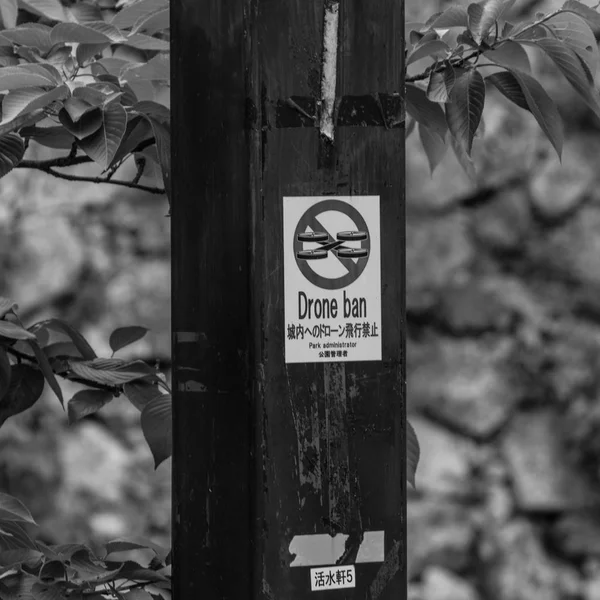 Знак с надписью "Запрет дронов", написанный на английском и английском языках . — стоковое фото