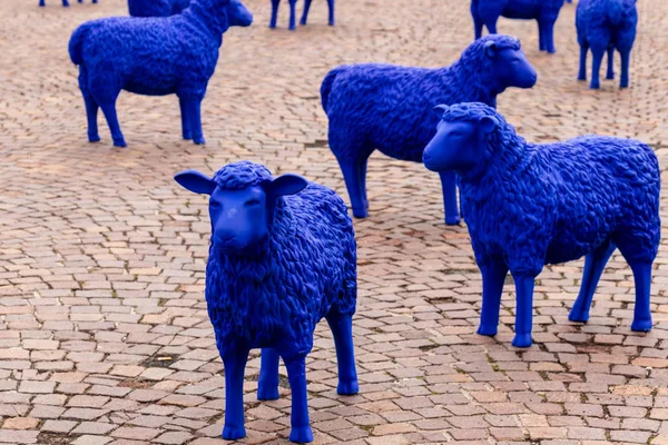 European Union colored blue Sheeps. Exhibition Event for EU election. On a Marketplace in Sindelfingen, Baden-Wuerttemberg, Germany, Europe.