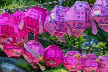 Güzel kağıt fenerler üzerinde yakın çekim görünümü. Festival, Güney Kore'de Buddha'nın doğumunun bir kutlamasıdır..