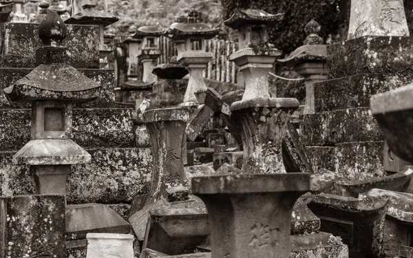 Schöne verschiedene steinerne laternen in einer reihe auf dem weg zu einem buddhistischen tempel in japan. higo honmyo tempel, kumamoto präfektur, japan, asien. — Stockfoto