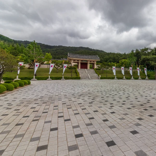 Scenery of Tongiljeon Complex, entrance square inside beautiful nature. Heritage of former Capital Gyeongju, South Korea. Asia.