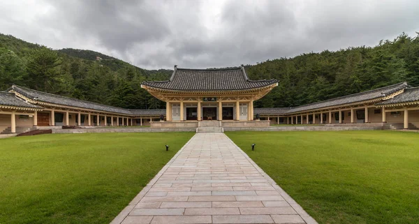 Panorama of central square, buildings and main Pavilion inside Tongiljeon Complex. Heritage of former Capital Gyeongju, South Korea. Asia.