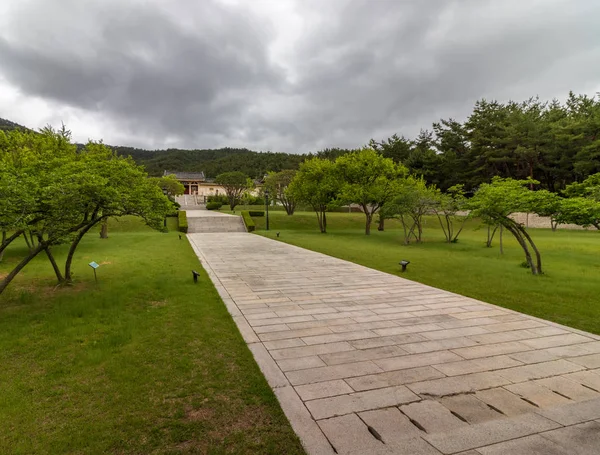 Entrance panorama of inside Tongiljeon Complex, with buildings in a beautiful vegetation. Heritage of former Capital Gyeongju, South Korea. Asia.