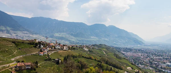 Arka planda şarap tarlaları ve Alpler ile Köy Tirol, Dorf Tirol im Meraner Land Panorama. Province Bolzano, Güney Tirol, İtalya. Avrupa. — Stok fotoğraf