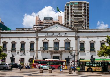 Instituto para os Assuntos Minicipais binasının ayrıntılı görüşü. S?, Macao, Çin, Asya.