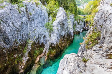 Soca Nehri'nin Büyük Kanyonu'nun manzarası. Bovec yakınlarındaki Triglav Milli Parkı'nda, Gorizia, Slovenya, Avrupa.