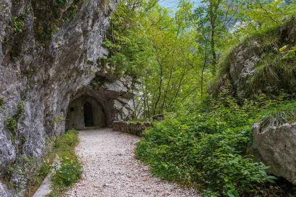 Entrance to Lower Military connection Tunnel between Fortress Kluze and Fort Hermann. Mining Tunnel for Izonso Front in Bovec, Gorizia, Slovenia.